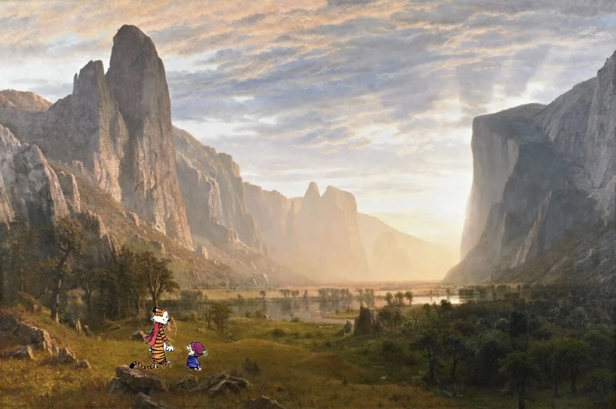 Bierstadt’s Looking Down Yosemite Valley, with Calvin and Hobbes walking into it